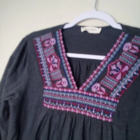 Lucky Brand Blouse Women S Long Sleeve Embroidery Boho Gray Pink - Picture 7 of 12